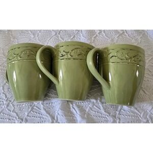 Pier 1 Imports Antique Floral Mint Green Set Of 3 Coffee Mugs Tea Cups Stoneware